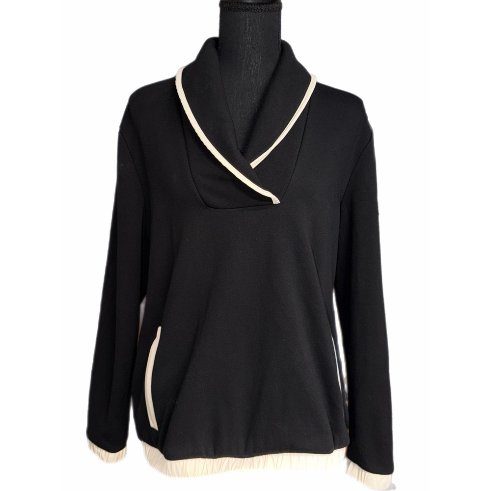 T by Talbots Black Shawl Collar Fleece Pullover Sweatshirt Cream Trim MP